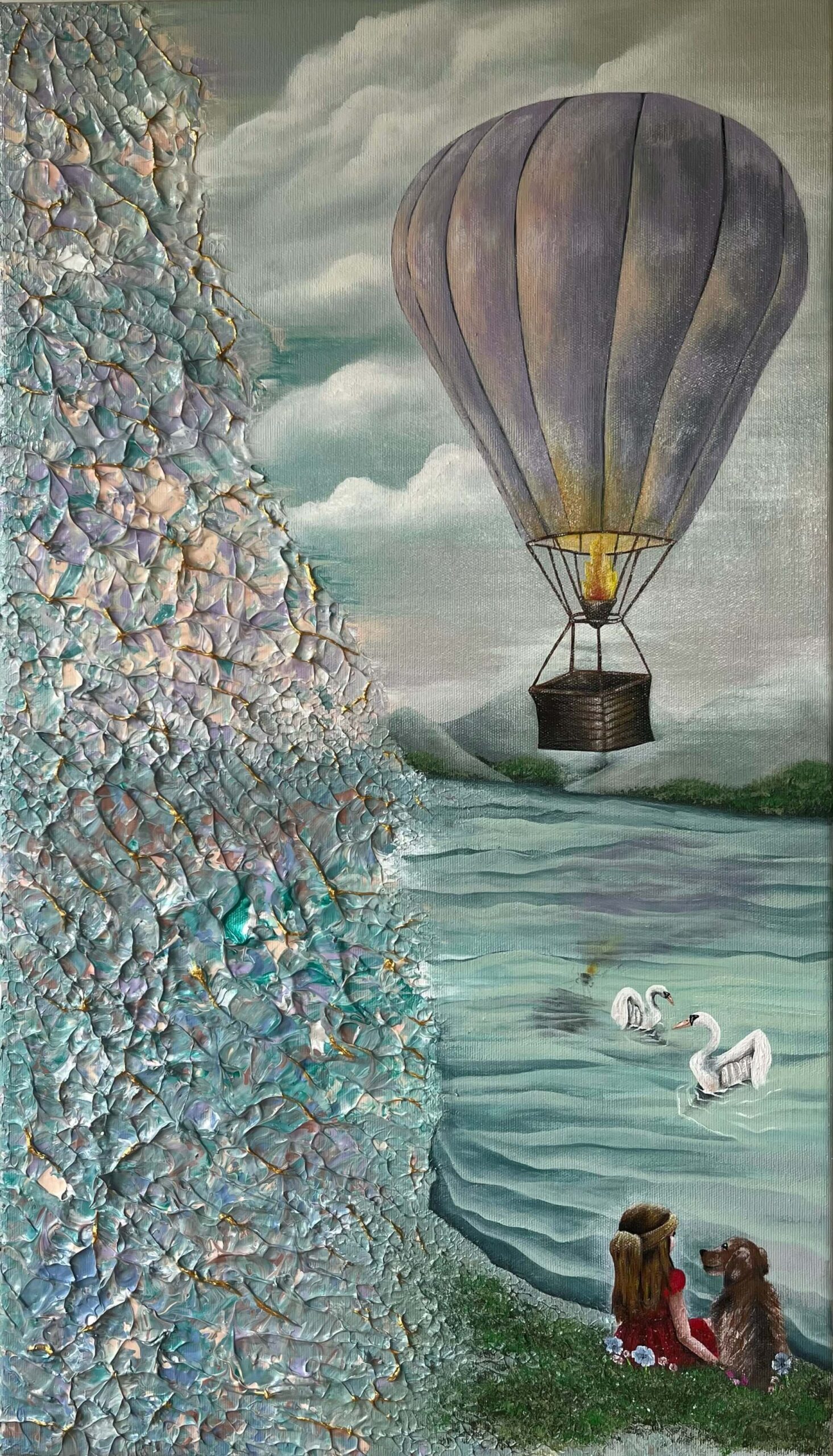 Gyermeki menedék - texturázott hőlégballon részlet, impasto technika, arany és kék rétegek közelről