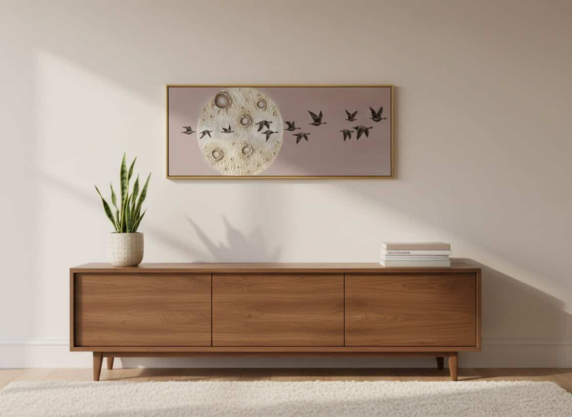 A Holdvándorok teljes alkotása modern enteriőrben – a 40×100 cm-es mű arányai és hangulata a valós térben.