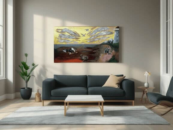 Névtelen jelenlét a csendben című kortárs szürrealista semiabsztrakt akril festmény vásznon, 50×90 cm méretben, modern nappali enteriőrben bemutatva.