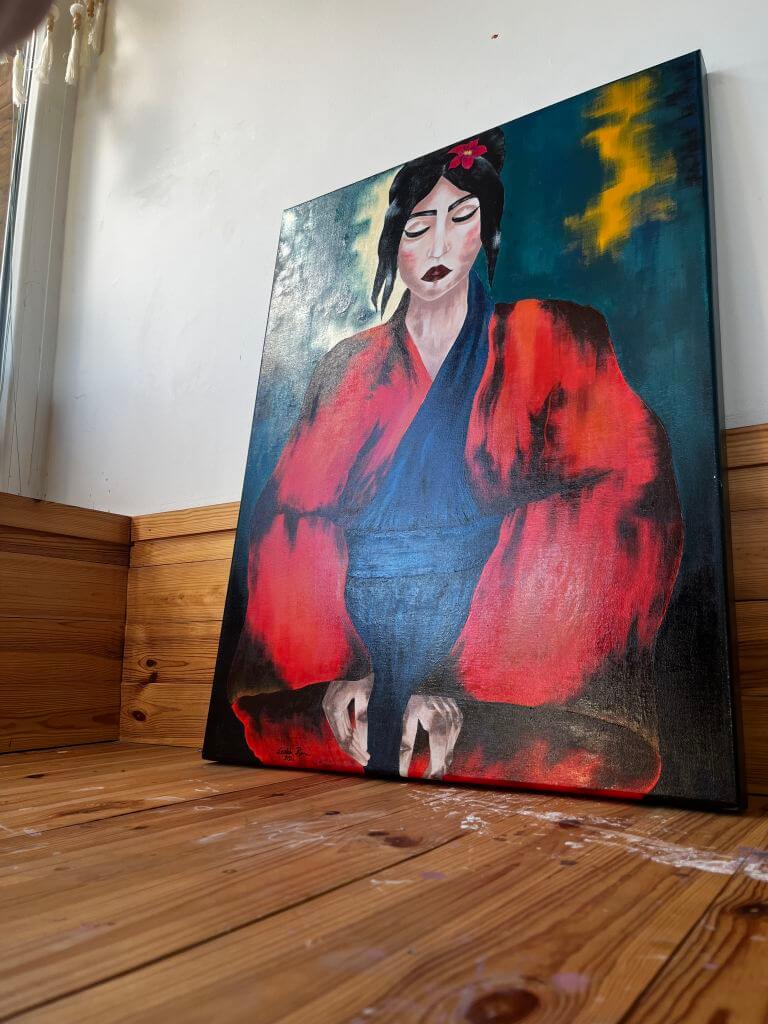 Néma szenvedély - texturált akril festmény oldalról, expresszionista női figura, lakkozott és drámai tónusok